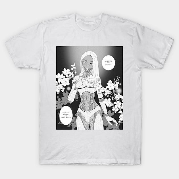 Cybergirl with Cherry Blossom Manga Art (With Text) T-Shirt by kaijiaochakhram